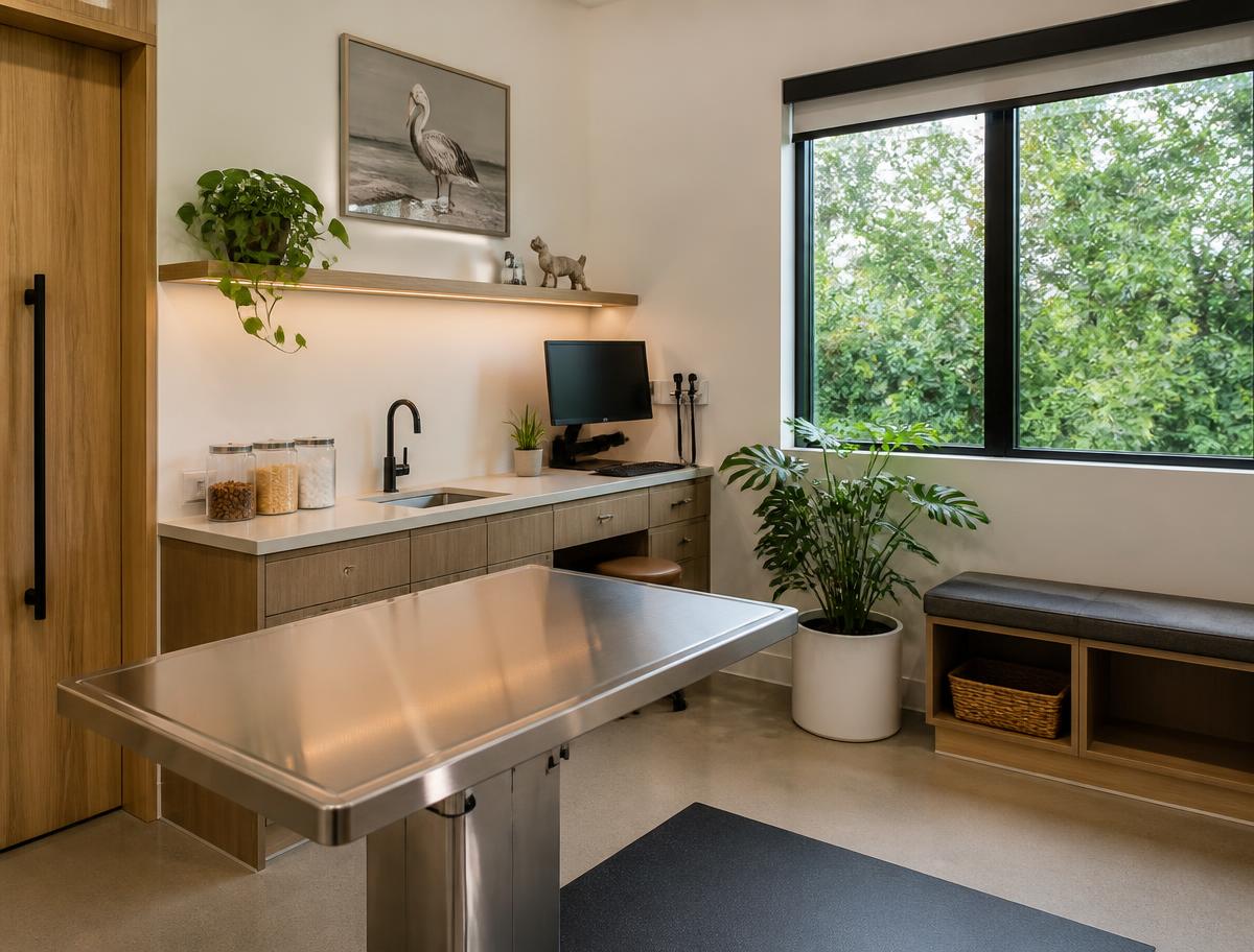 Clean, modern veterinary examination room with natural light