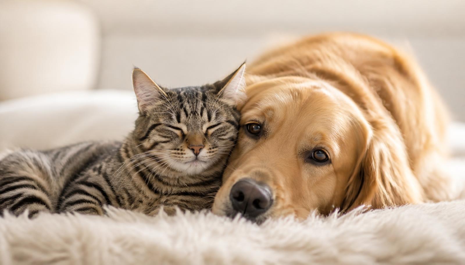 A cat and a golden retriever resting peacefully together