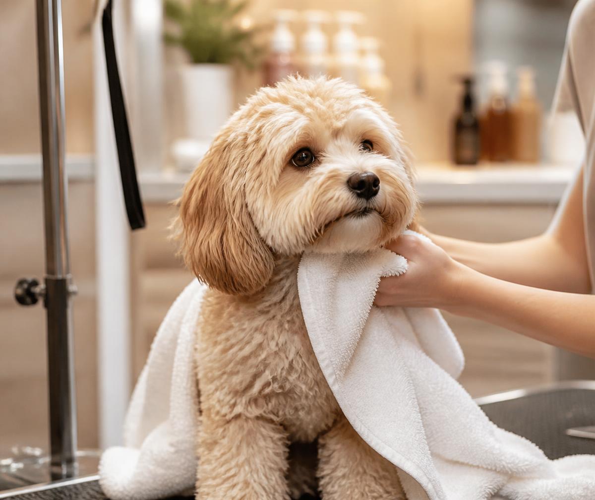 Freshly groomed small dog being gently dried with a towel in a grooming salon